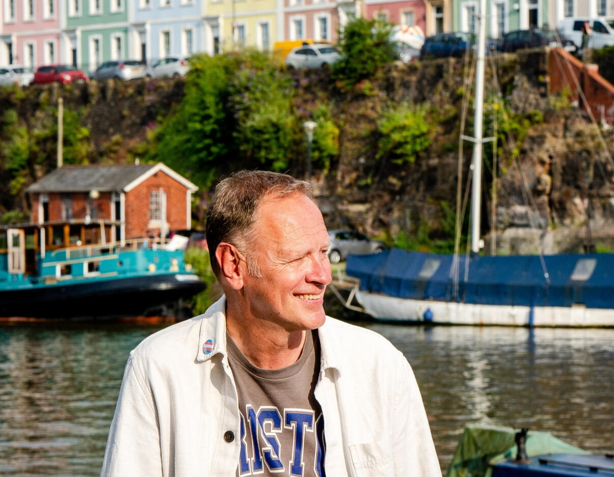 Toby Morse by Bristol harbour Bristol-minded celebrant Toby alongside the city's harbour
